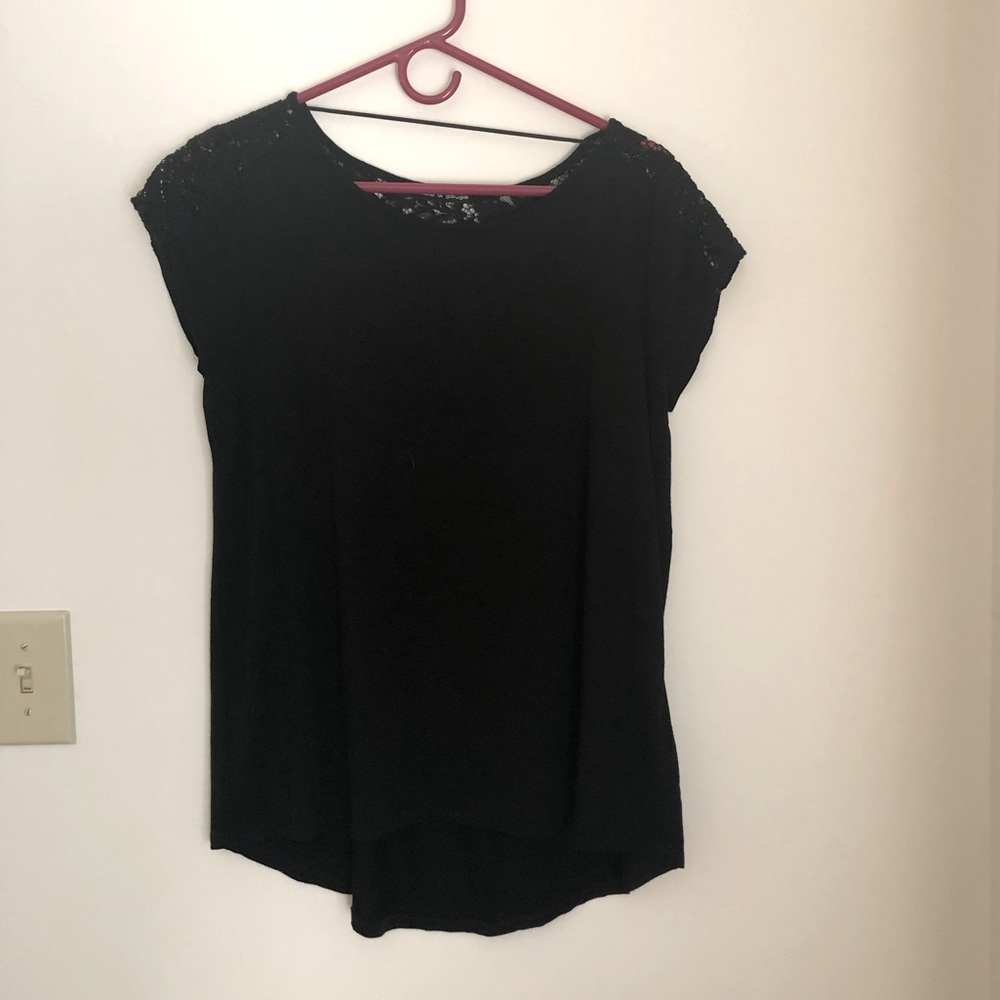 Black short sleeve blouse with lace on sleeves
